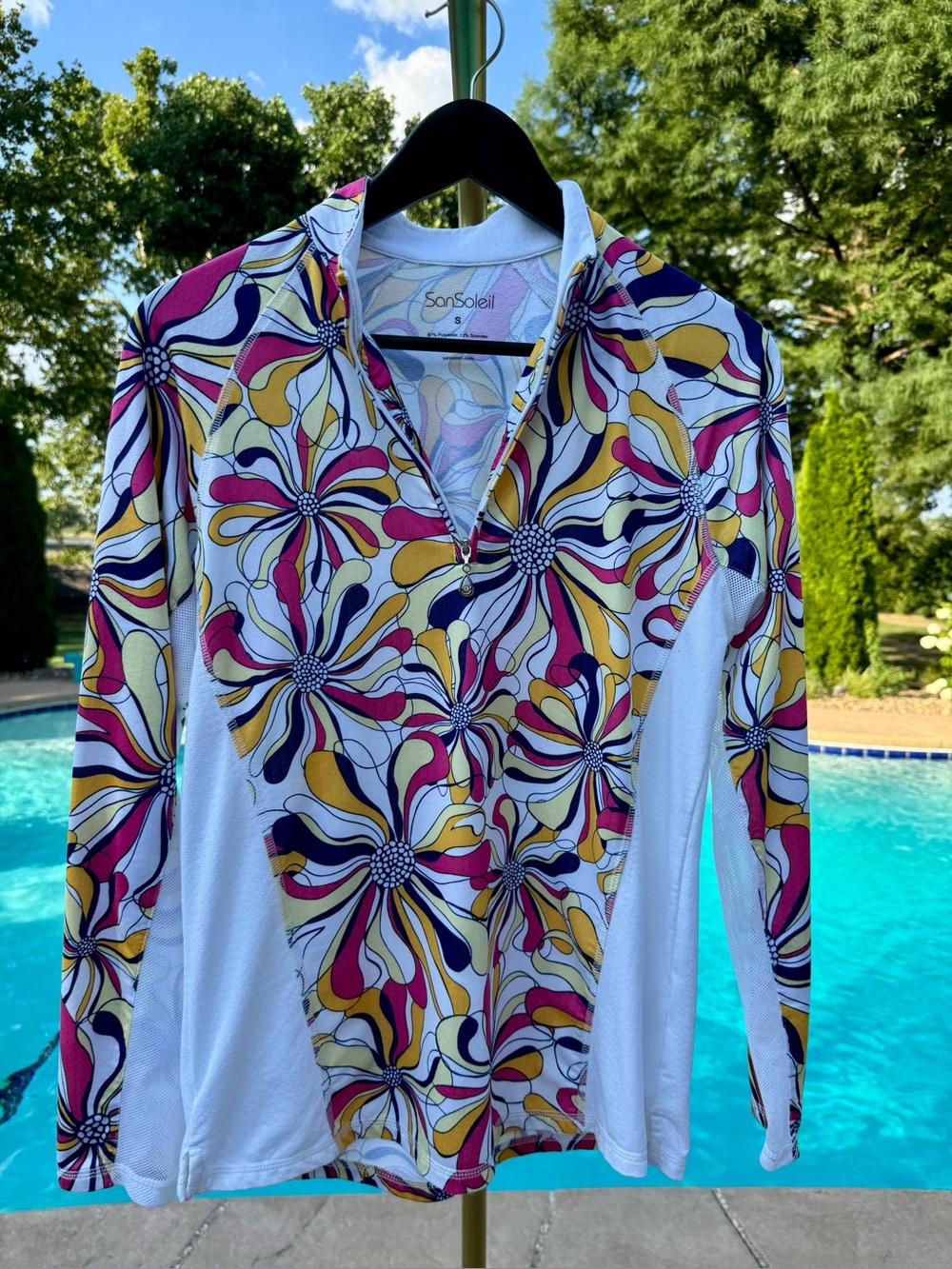San Soleil Women’s Long Sleeve Sun Shirt - White with Pink, Yellow & Navy Floral